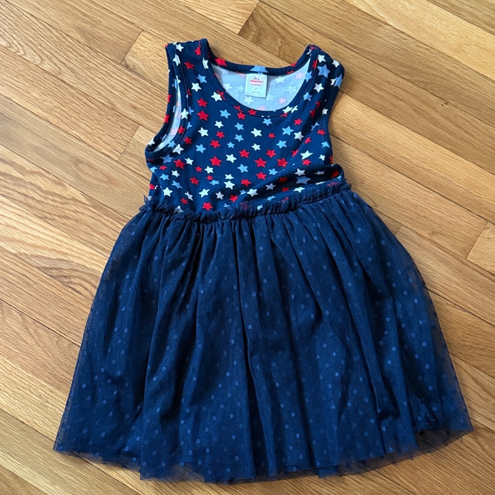 Navy Red White Star-Print Sleeveless Tulle Dress